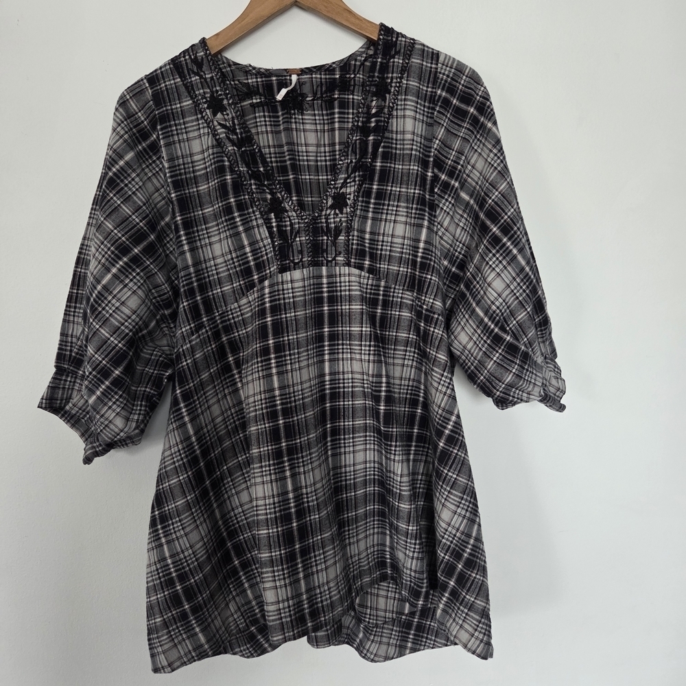 Free People Plaid Top With Embroidered Neckline Xs
